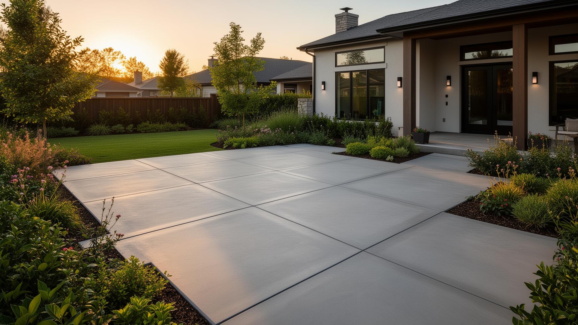 Modern residential concrete patio at sunset